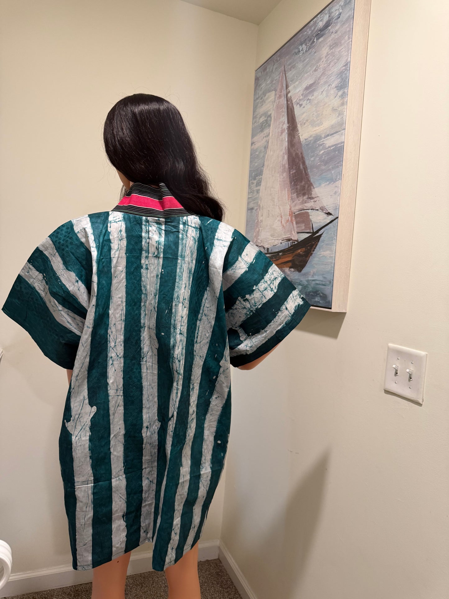 Adire Kaftan Mini Dress – Teal & Pink