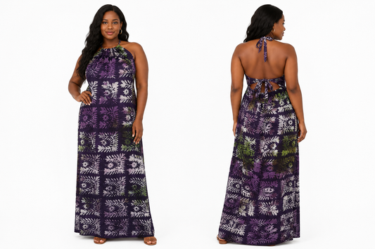 Purple Adire Halter Maxi Dress