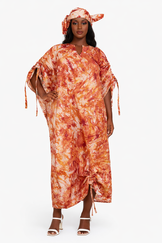 Burnt Orange Adire Kaftan Dress with Headscarf