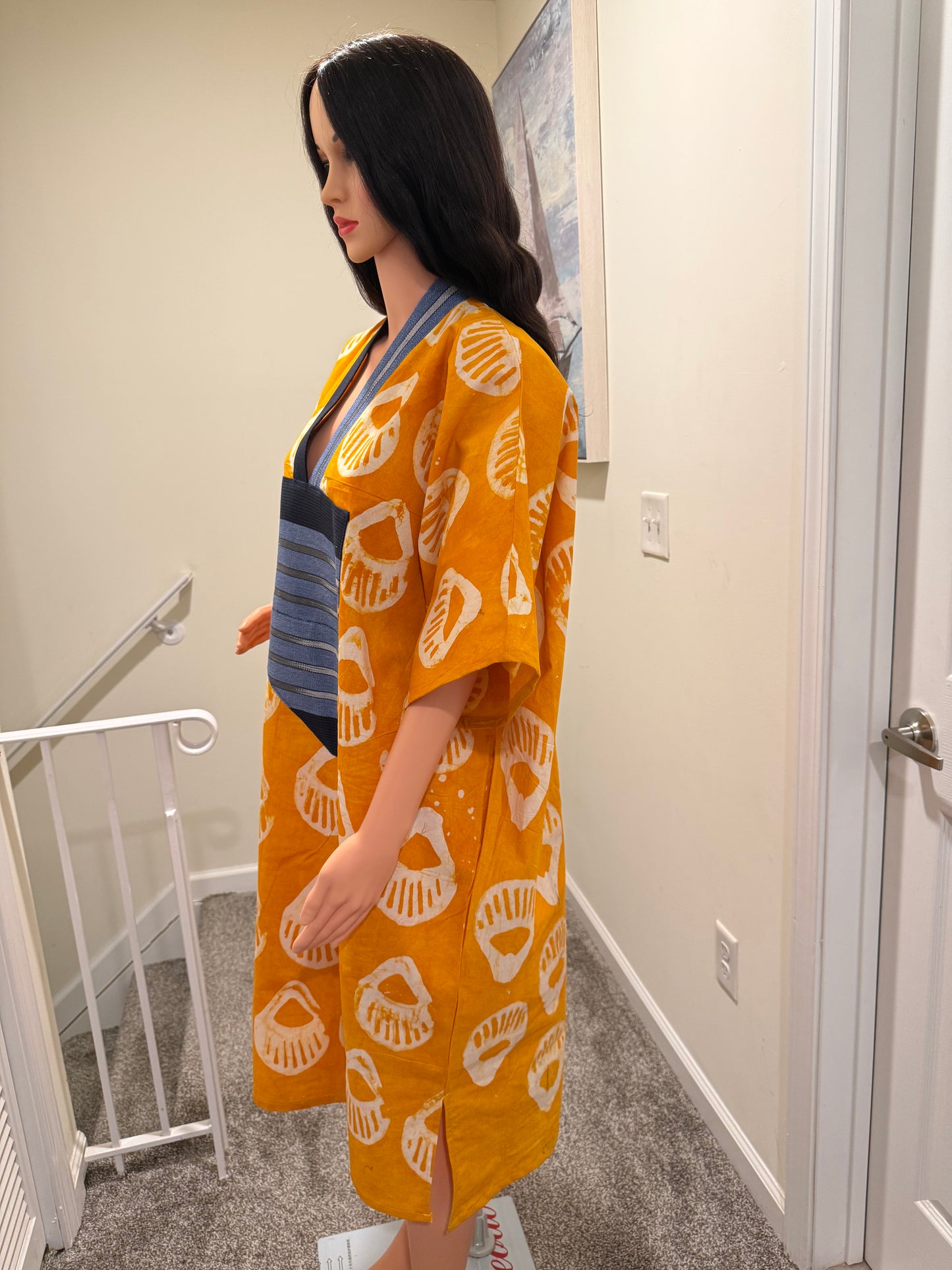 Sunset Adire Kaftan Dress with Aso Oke Detail