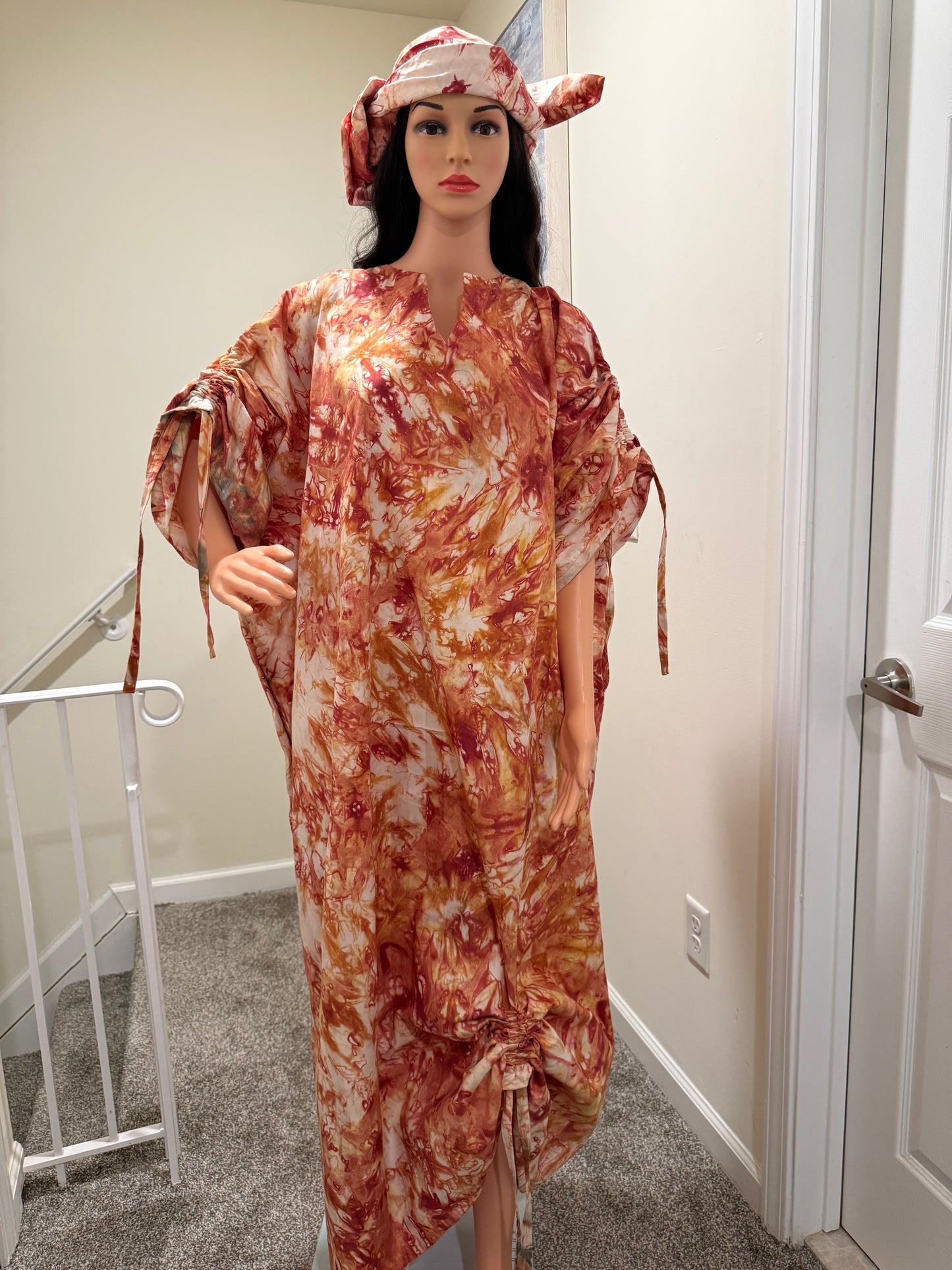 Burnt Orange Adire Kaftan Dress with Headscarf