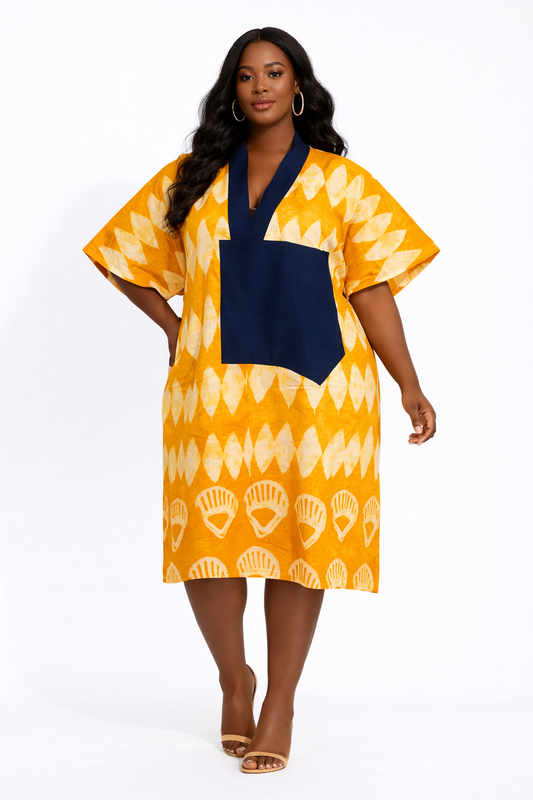 Mustard Adire Cotton Dress with Denim Neckline – 41” Length