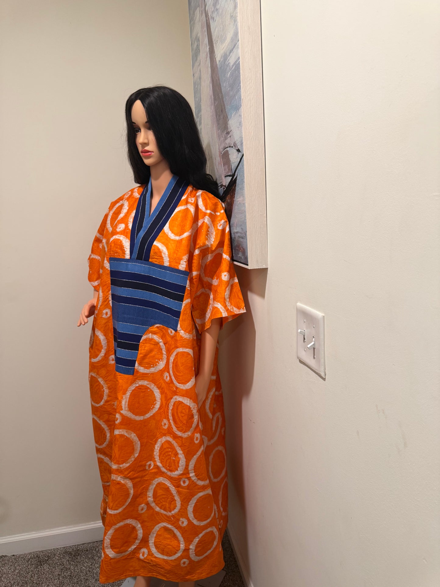 Orange Adire Bubu Dress with Aso Oke Detail