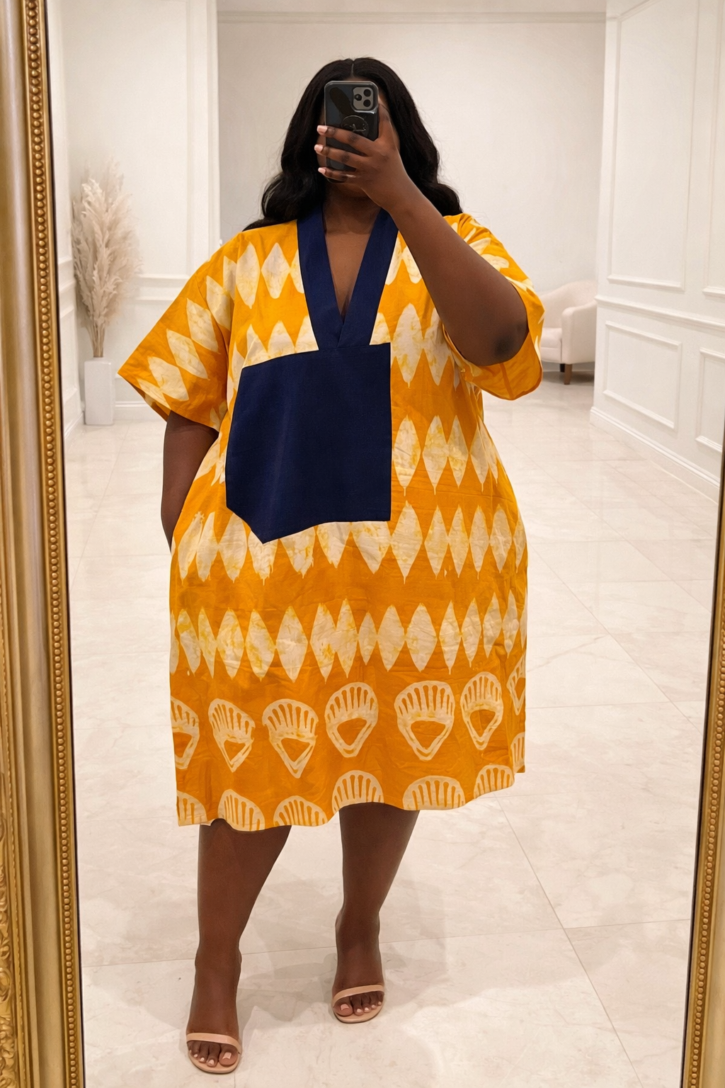 Mustard Adire Cotton Dress with Denim Neckline – 41” Length