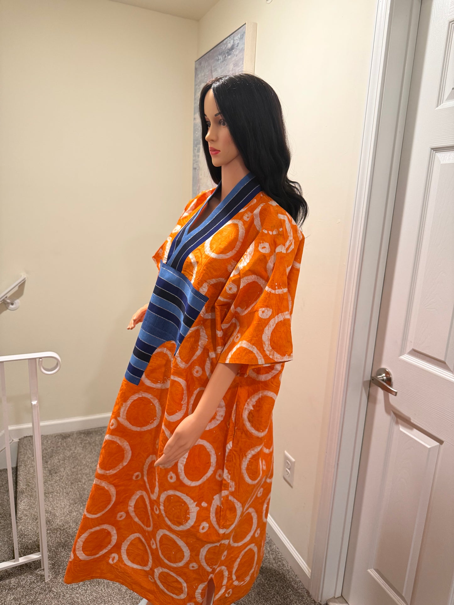 Orange Adire Bubu Dress with Aso Oke Detail