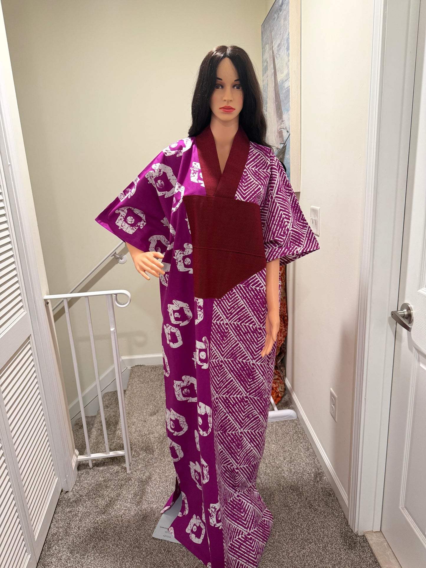 Magenta Ankara Kaftan Dress with Aso Oke Neckline