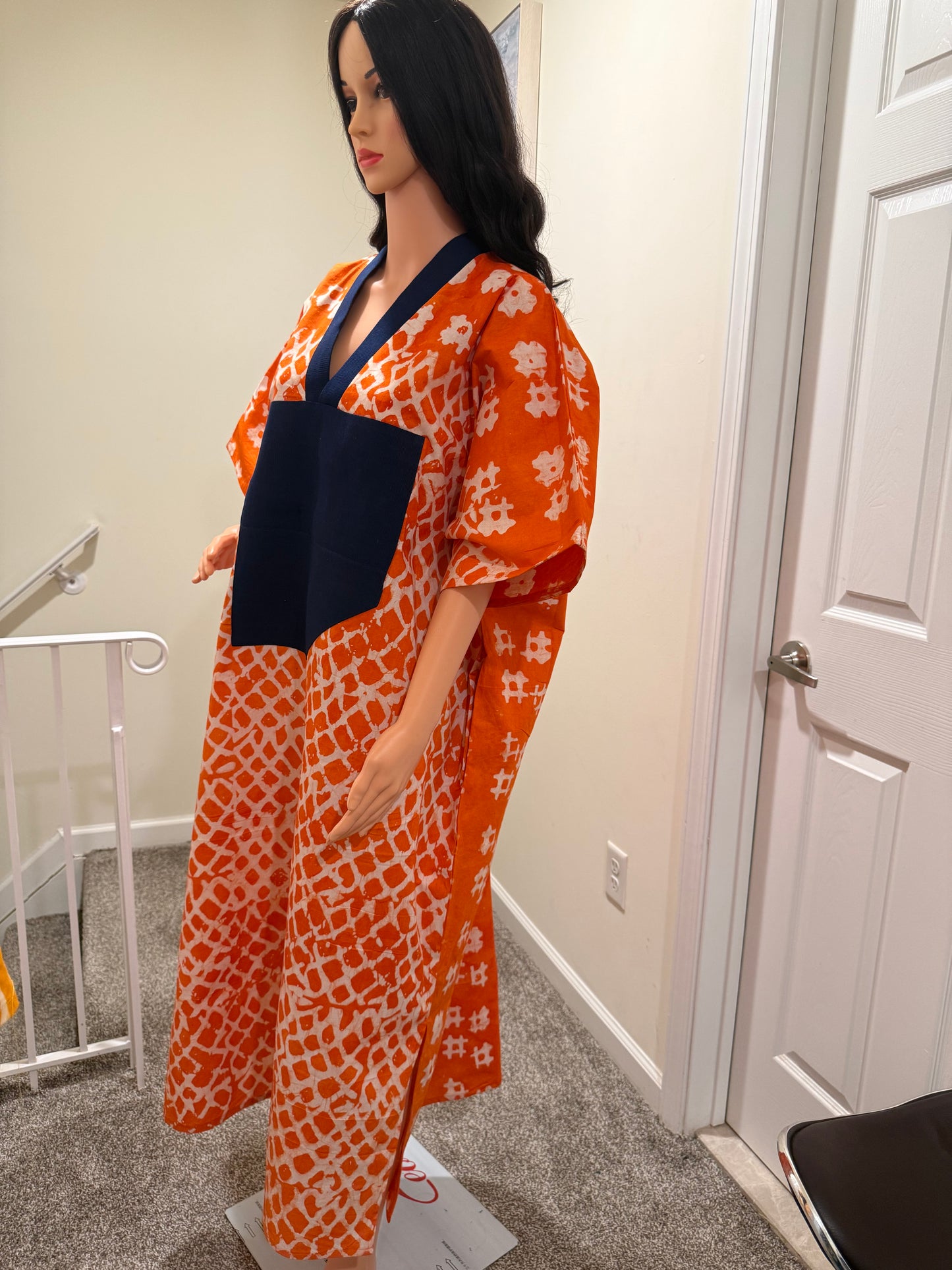 Adire Kaftan with Aso Oke Neckline