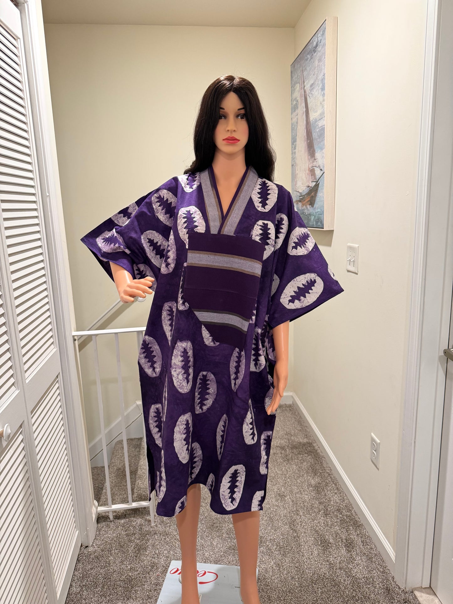 Adire Cotton Kaftan with Aso Oke Detail – 42” Length, Relaxed Fit