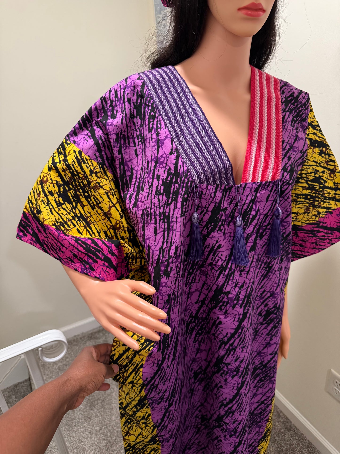 Aso-Oke Trim Ankara Kaftan + Matching Head Scarf