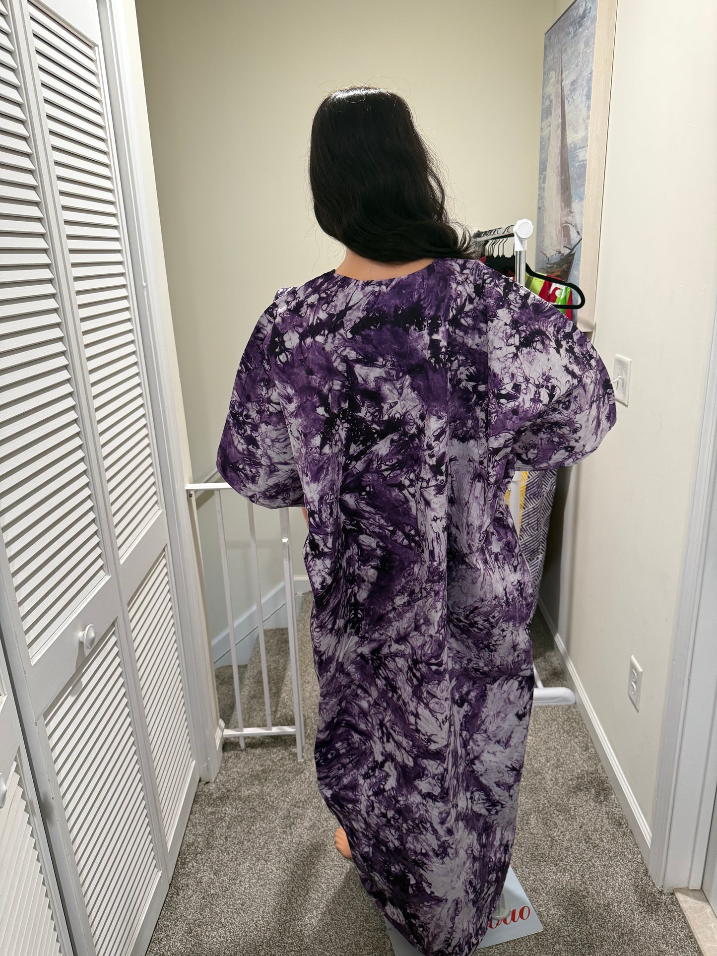 Purple Adire Kaftan with Asooke Neckline