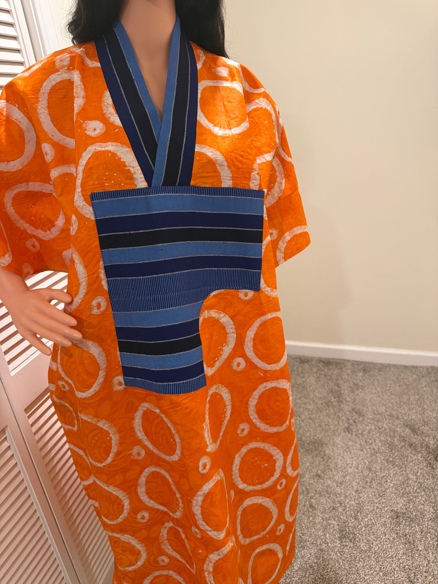 Orange Adire Bubu Dress with Aso Oke Detail