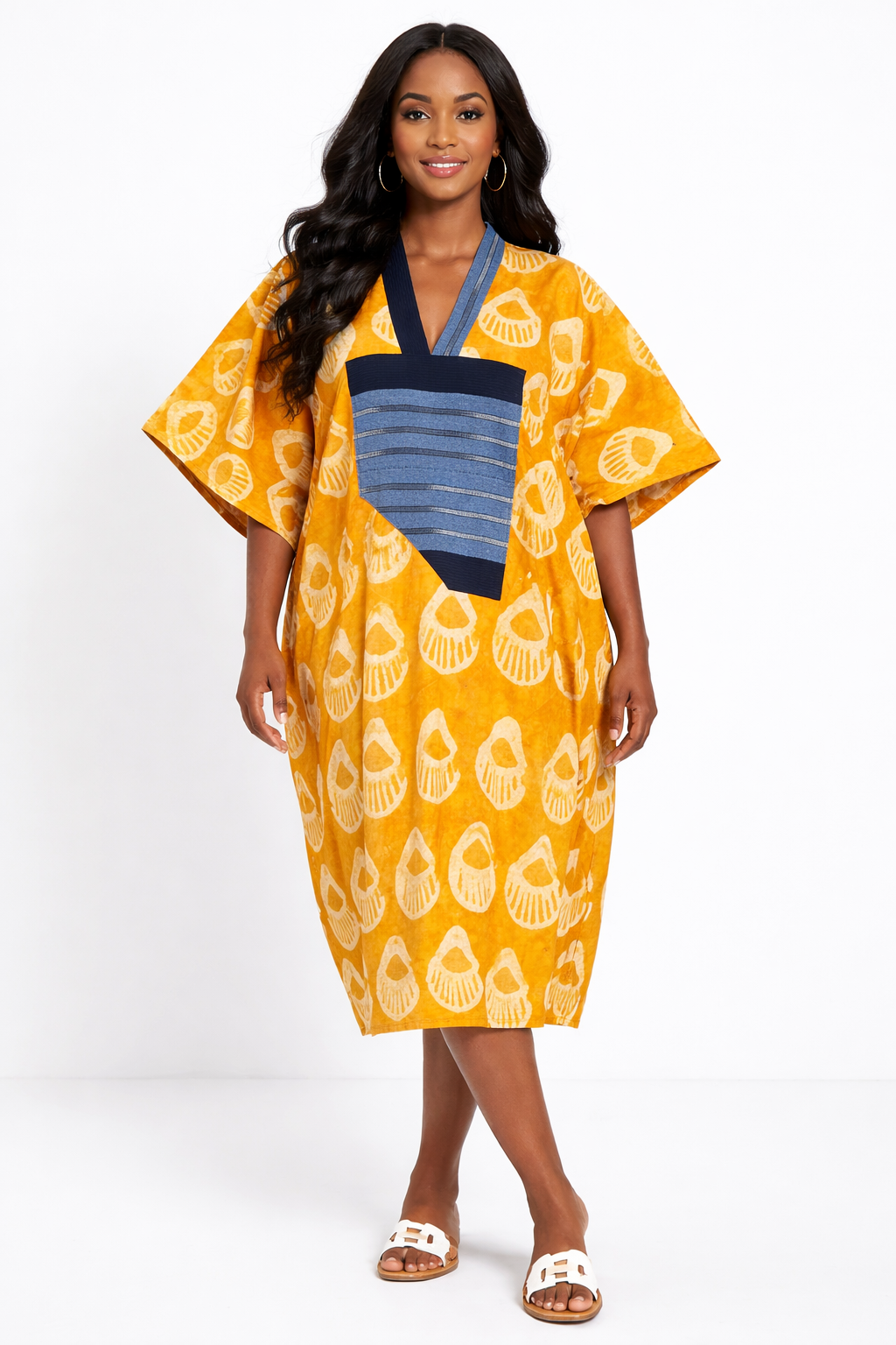 Sunset Adire Kaftan Dress with Aso Oke Detail
