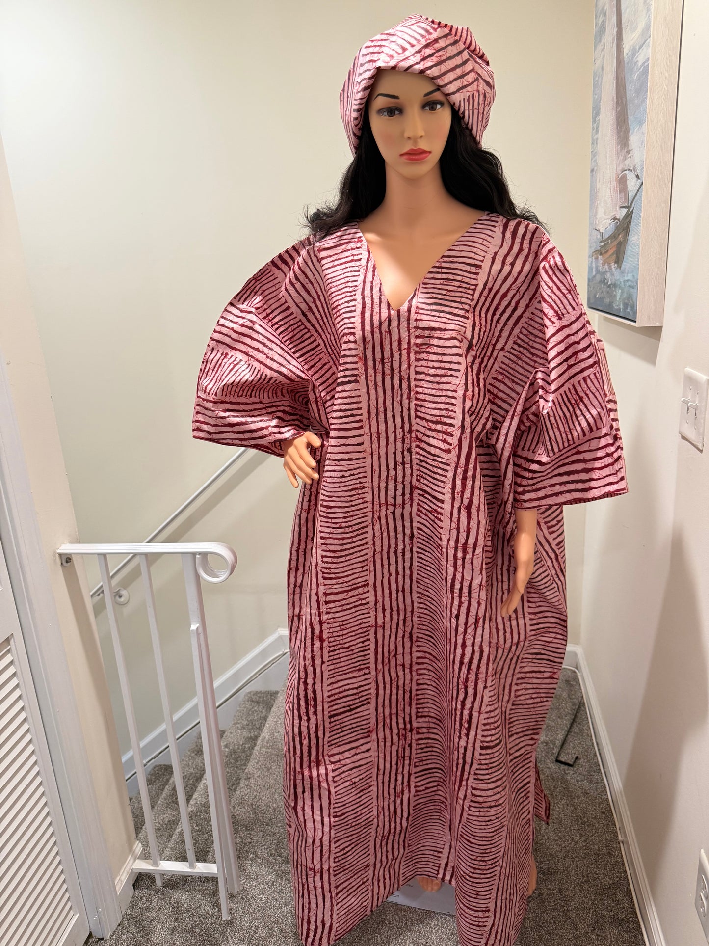Rich Aunty Adire Polish Bubu – V-Neck Front & Back | Free Size with Headscarf