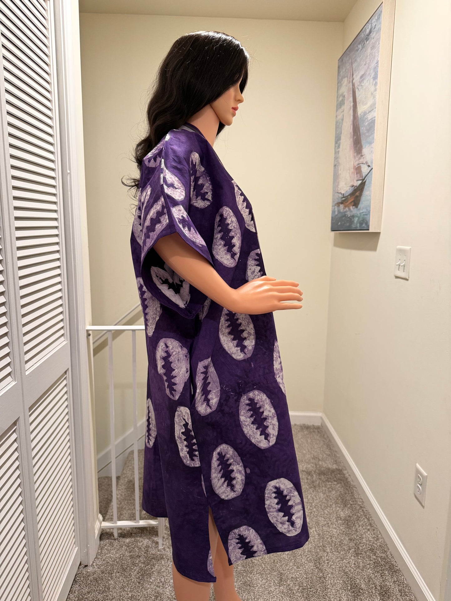 Adire Cotton Kaftan with Aso Oke Detail – 42” Length, Relaxed Fit