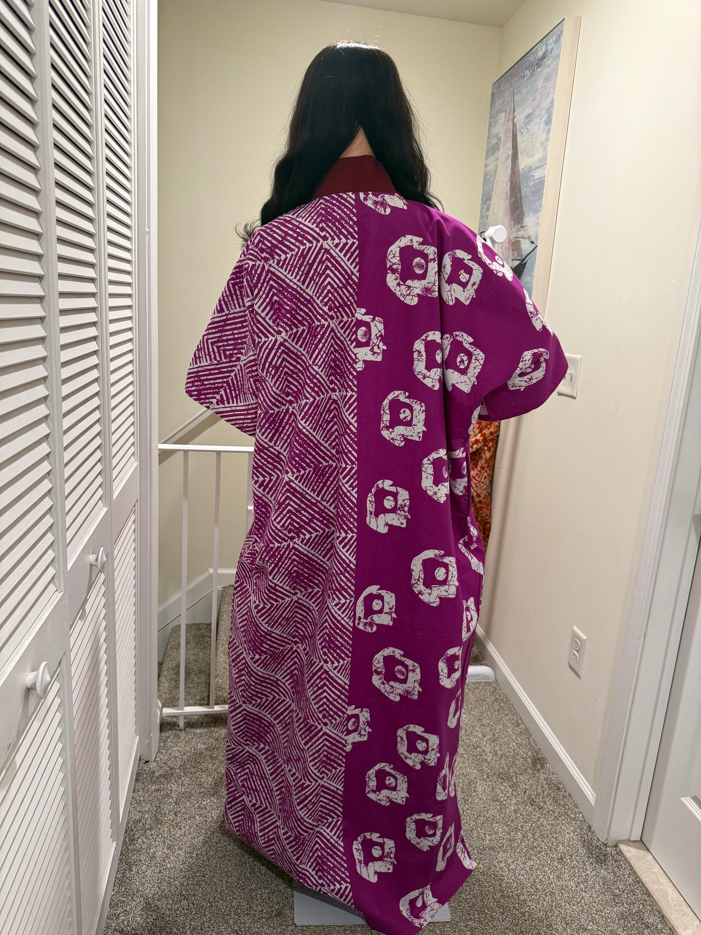 Magenta Ankara Kaftan Dress with Aso Oke Neckline