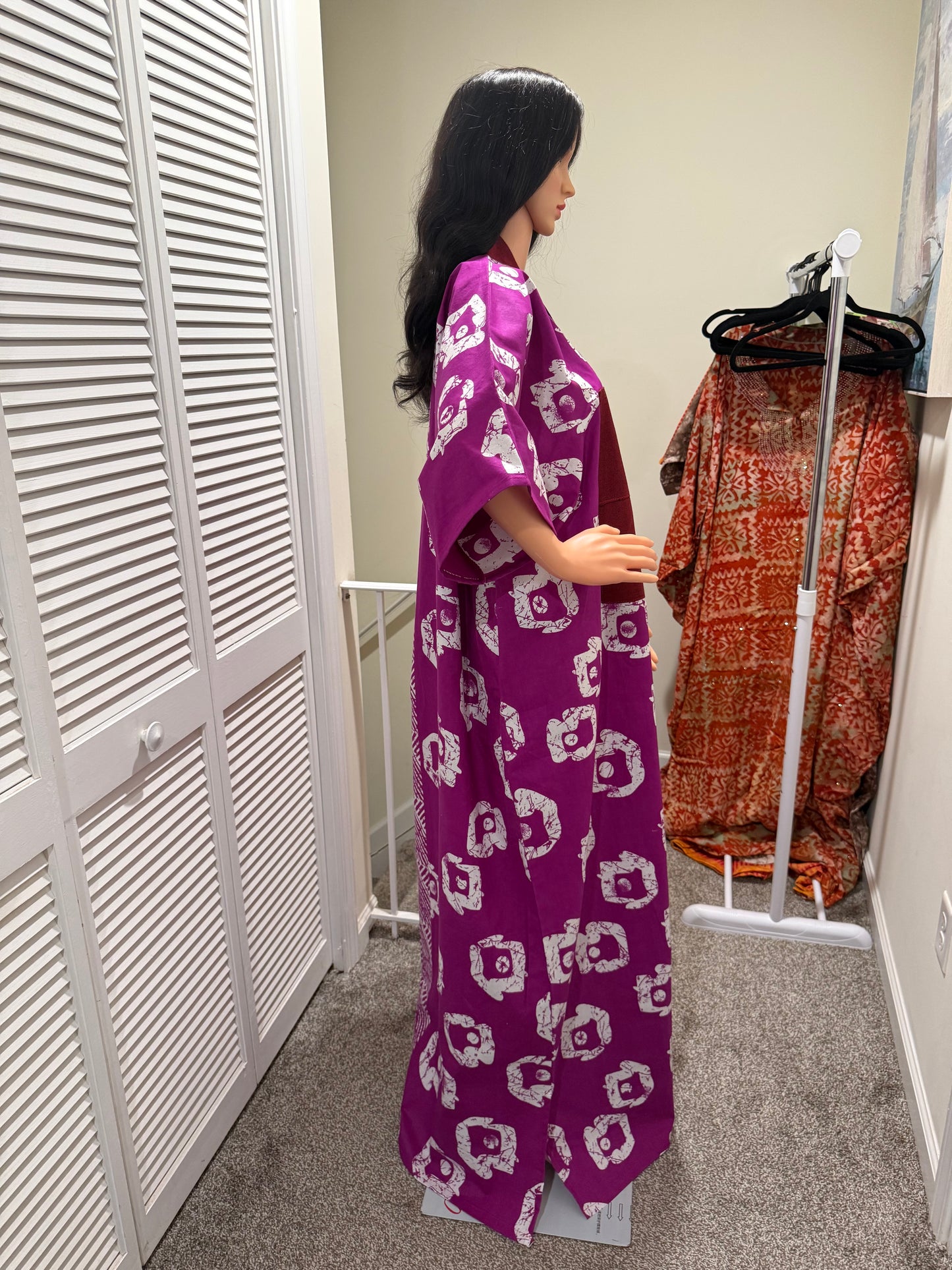 Magenta Ankara Kaftan Dress with Aso Oke Neckline