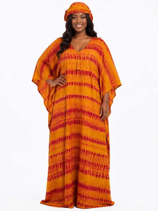 Sunset Adire Kaftan Set — Golden Flame | One Size Up To 2X