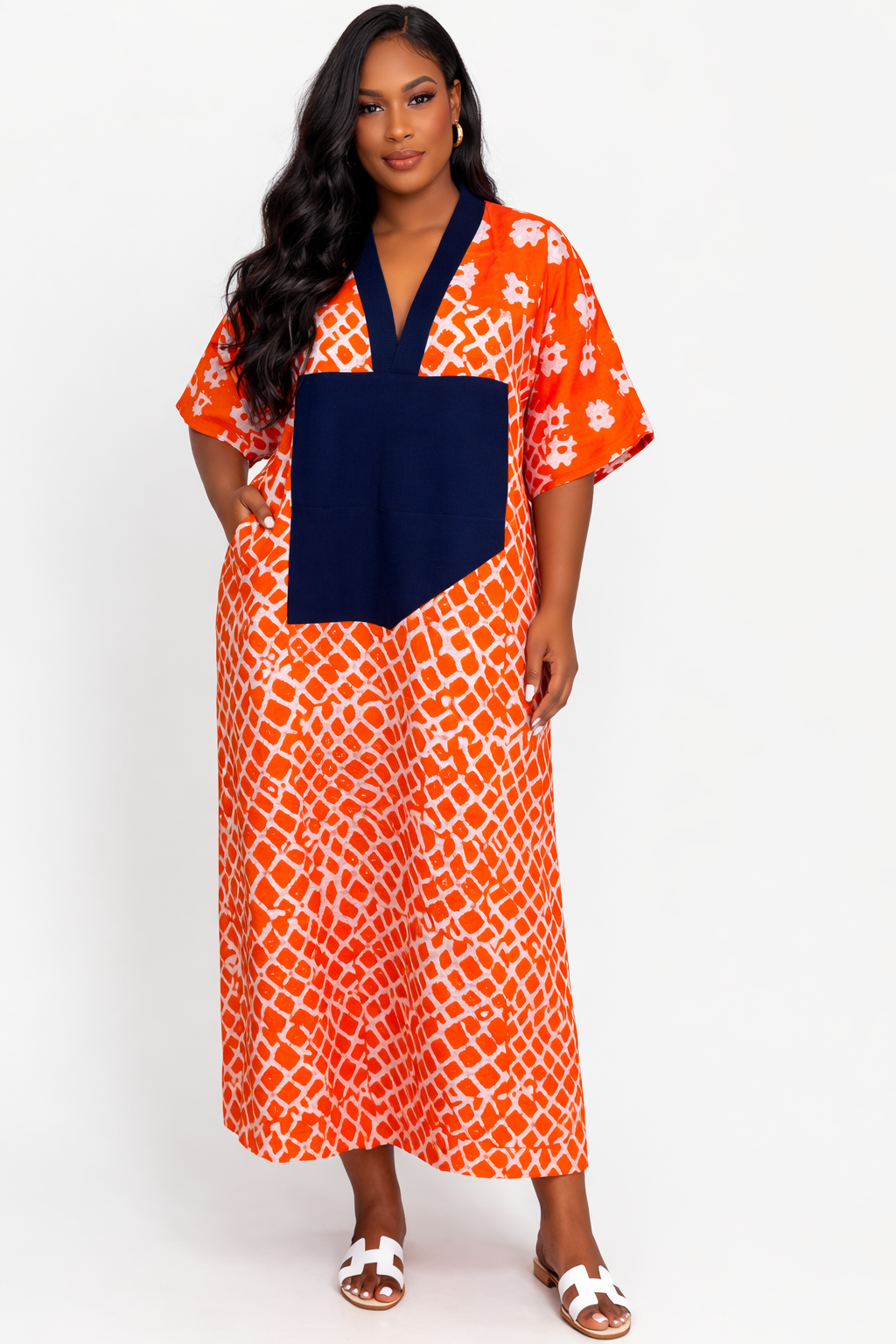 Adire Kaftan with Aso Oke Neckline