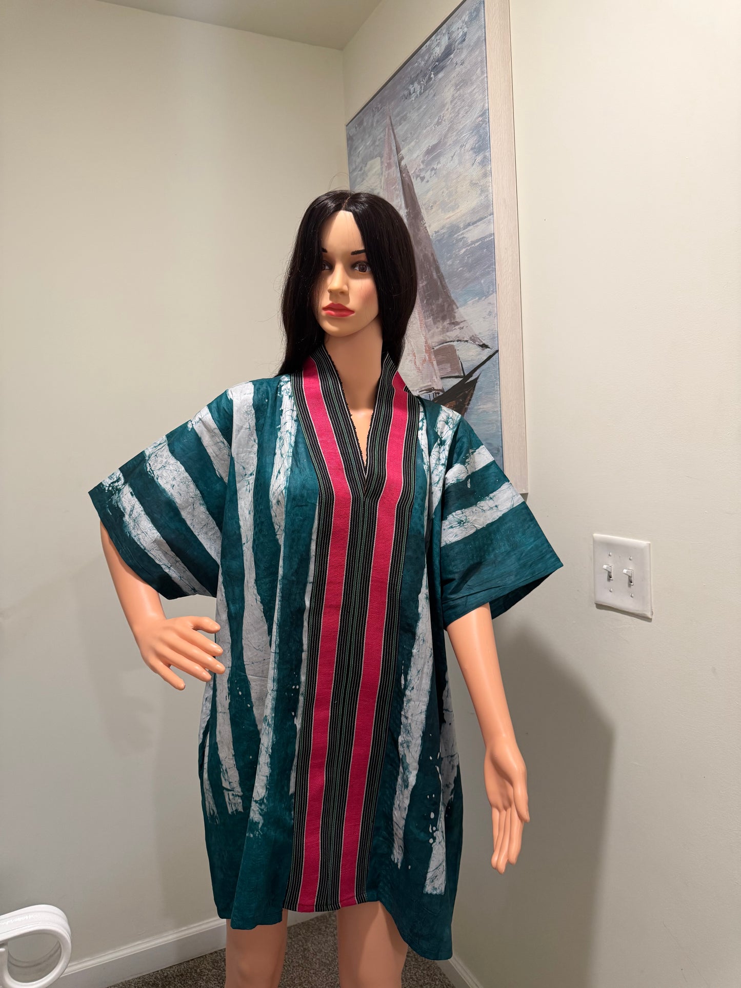 Adire Kaftan Mini Dress – Teal & Pink