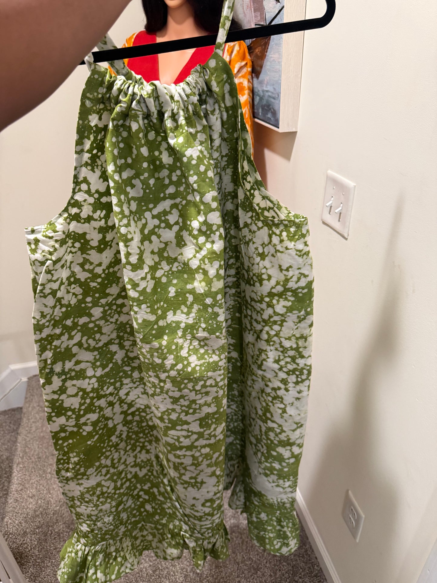 Olive Adire Tent Dress | Plus Size Adjustable Tie-Strap Maxi
