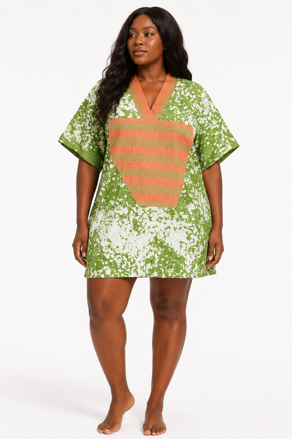 Green & White Adire Mini Kaftan with Àṣọ Òkè Neckline | Handmade African Dress | S–2X