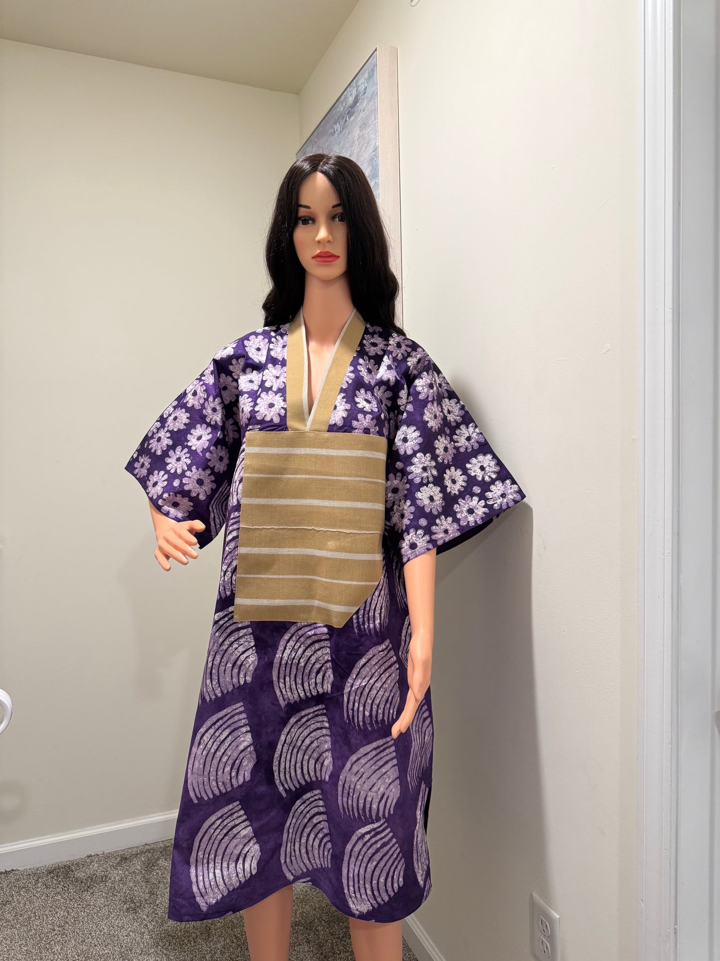 Purple Adire Midi Dress with Aso Oke Detail