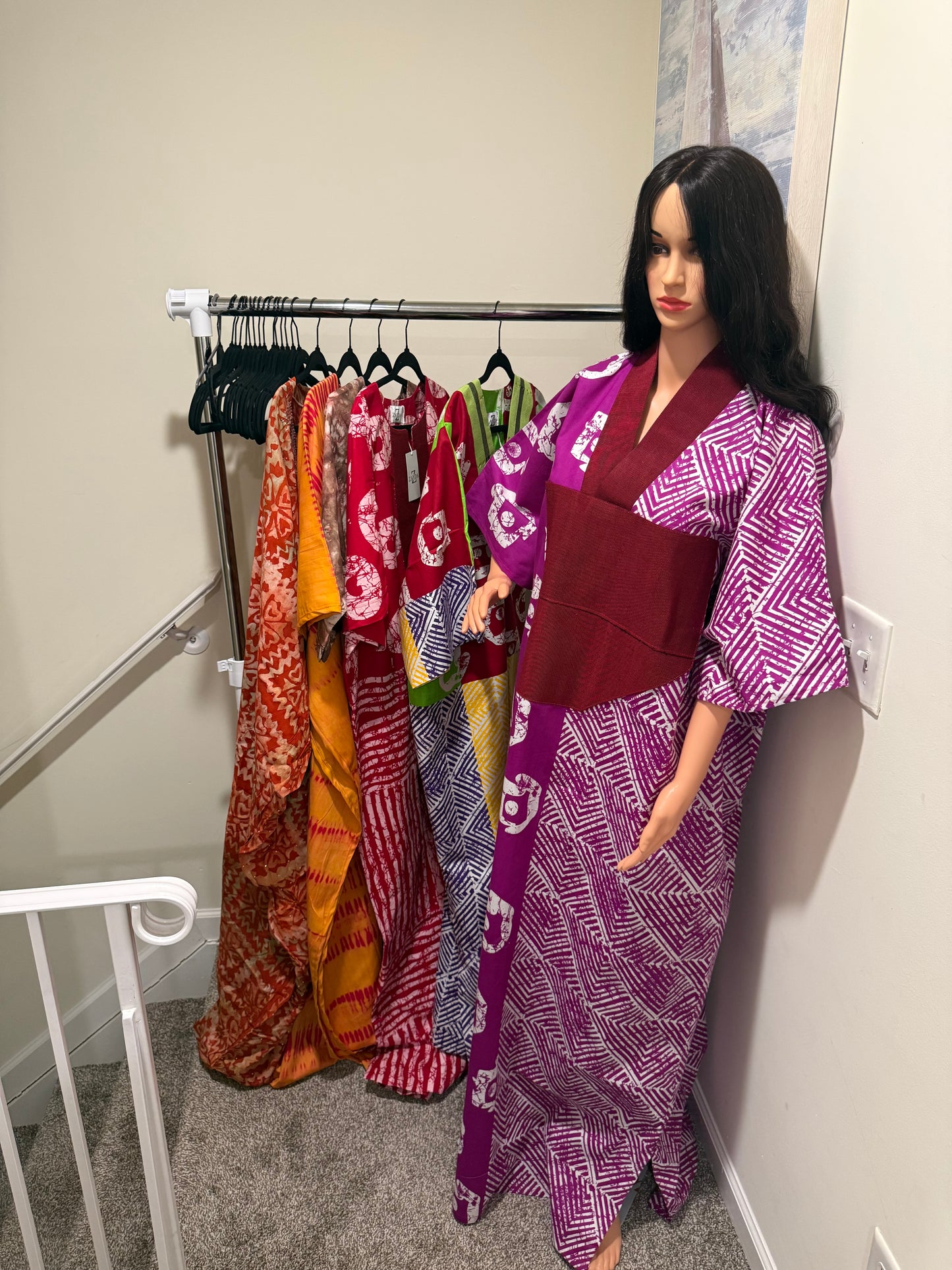 Magenta Ankara Kaftan Dress with Aso Oke Neckline
