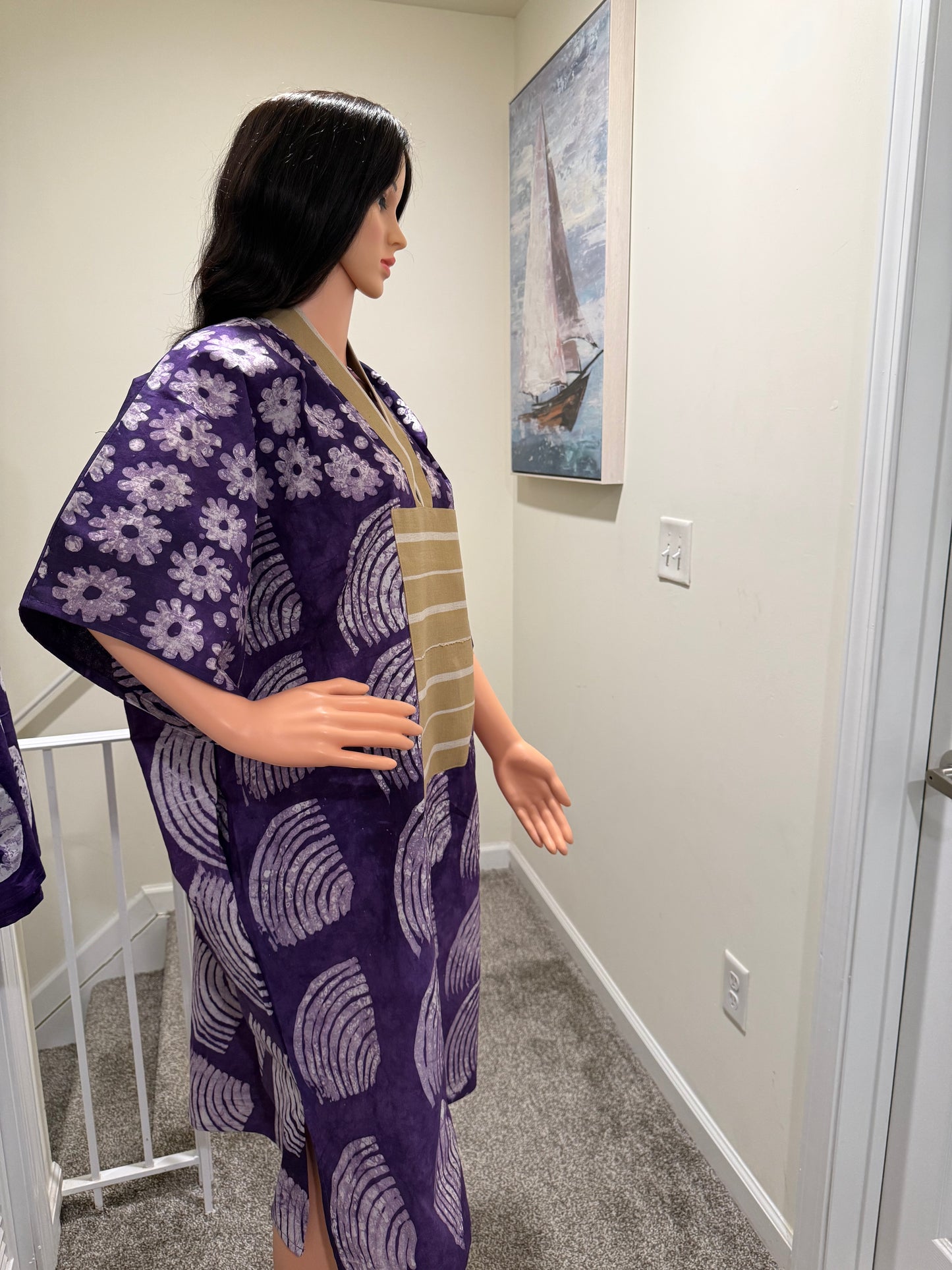 Purple Adire Midi Dress with Aso Oke Detail