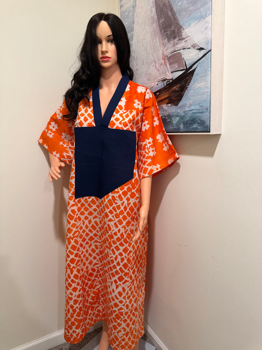 Adire Kaftan with Aso Oke Neckline