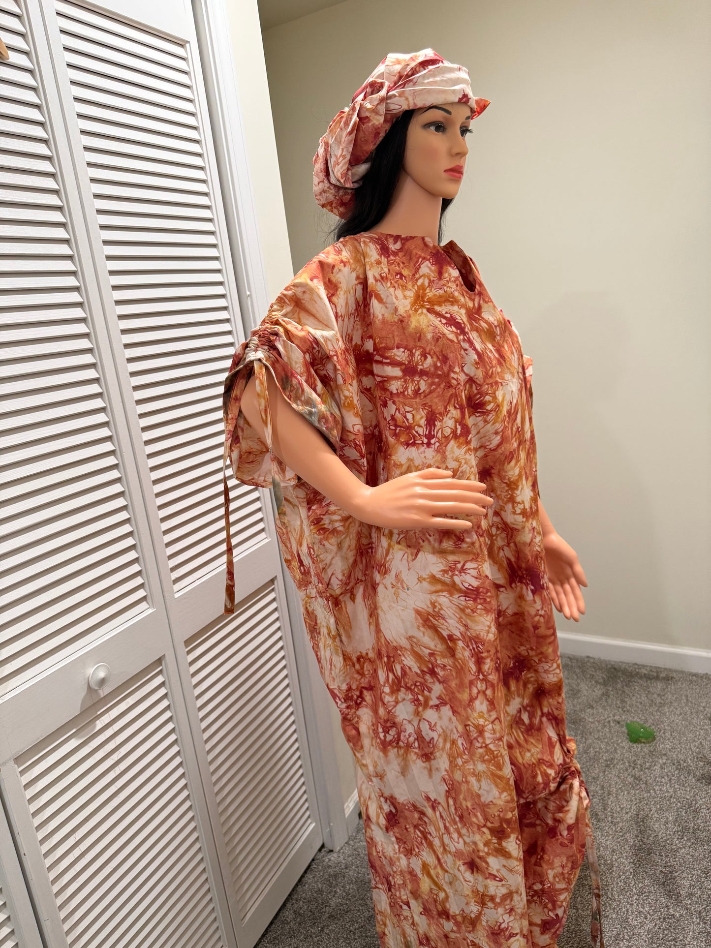 Burnt Orange Adire Kaftan Dress with Headscarf