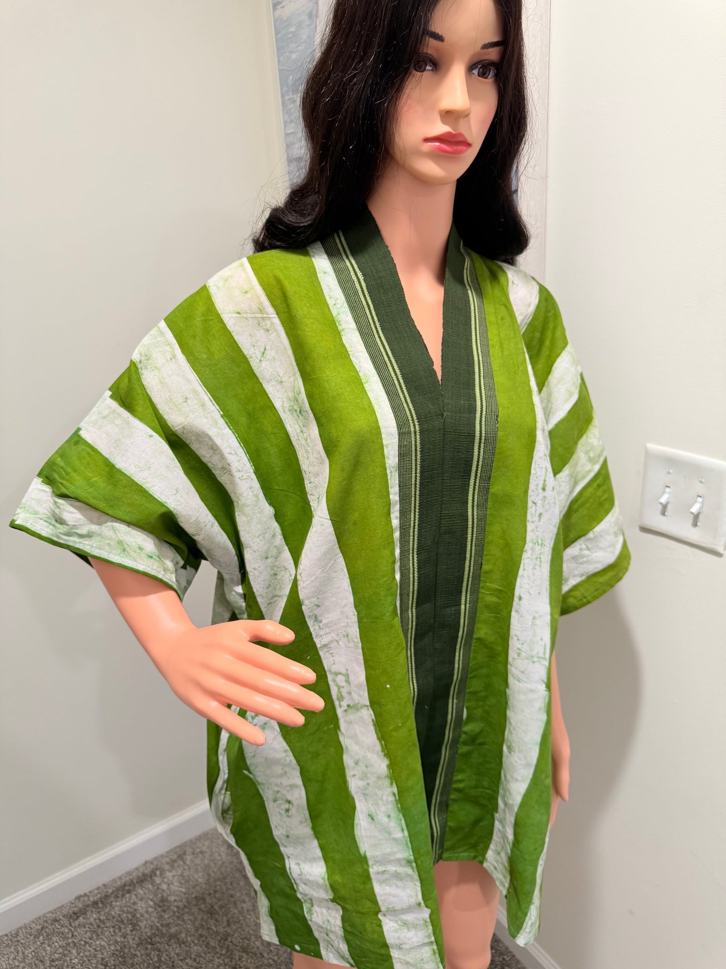 Green Striped Kimono Mini Dress – Hand Dyed Adire & Aso Oke