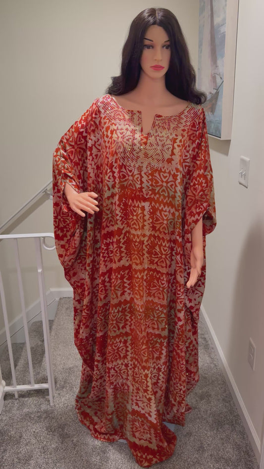 Stone-Embellished Adire Crepe Kaftan